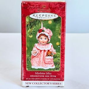 Hallmark Collectible 2001 Christmas Ornament "Mistletoe Miss" Girl w/ Bear Set